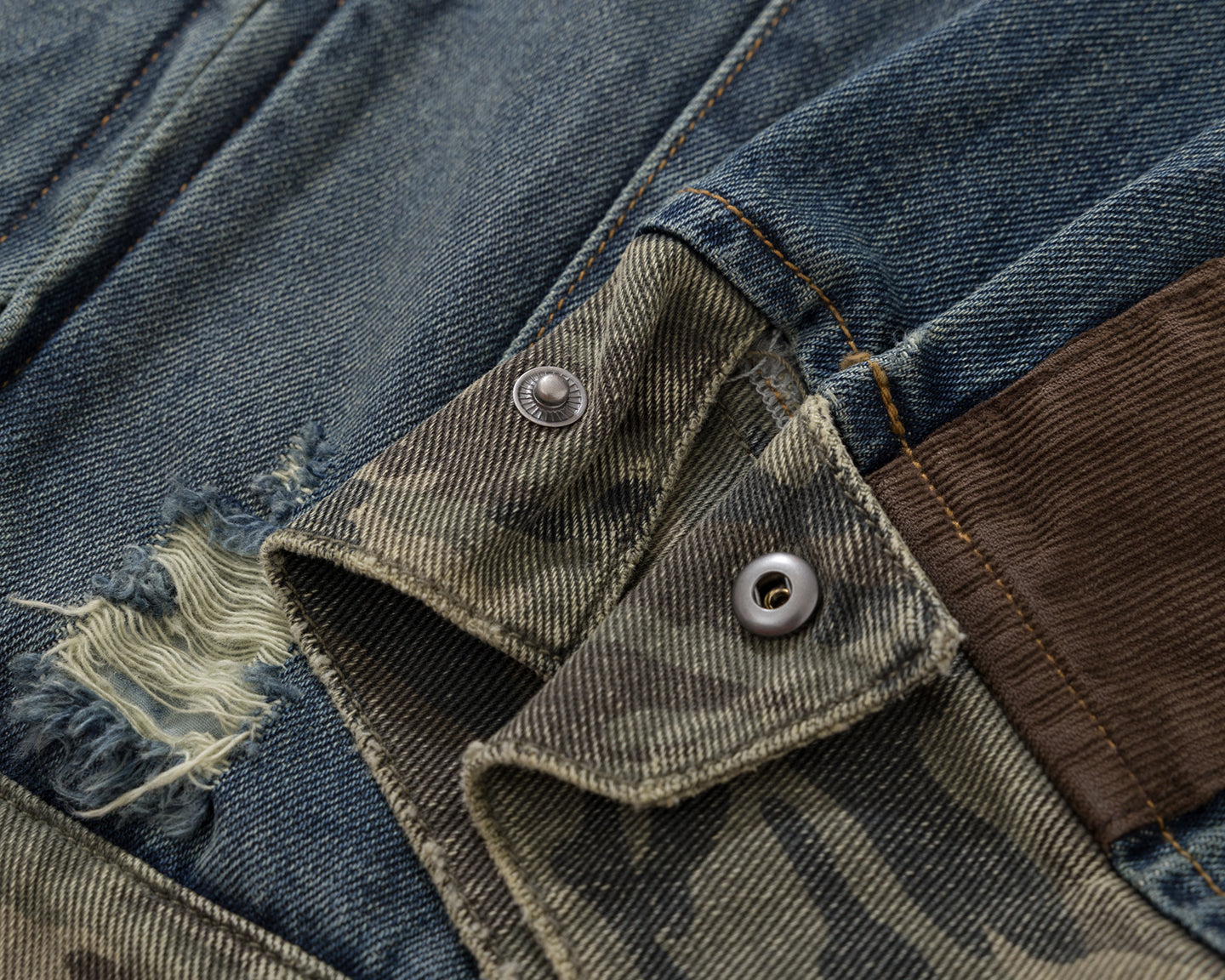 BURNIN* "Burnin for people" camouflage splicing damaged patch denim jacket - PSYLOS 1, BURNIN* "Burnin for people" camouflage splicing damaged patch denim jacket, T-Shirt, Burnin, PSYLOS 1
